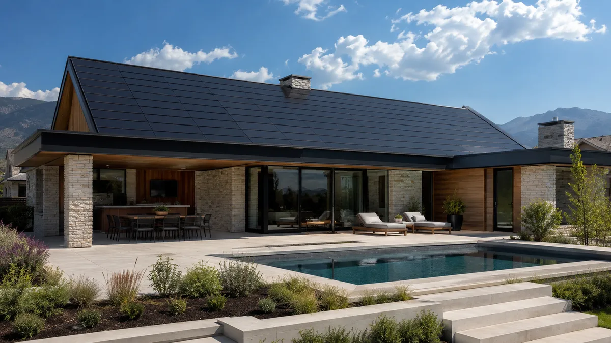 Luxury coastal villa featuring a sleek, integrated BIPV solar roof at sunset, representing premium energy independence.