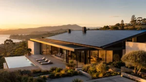 Modern high-end home with a seamless black solar roof architecture, showcasing self-sufficient decentralized energy.