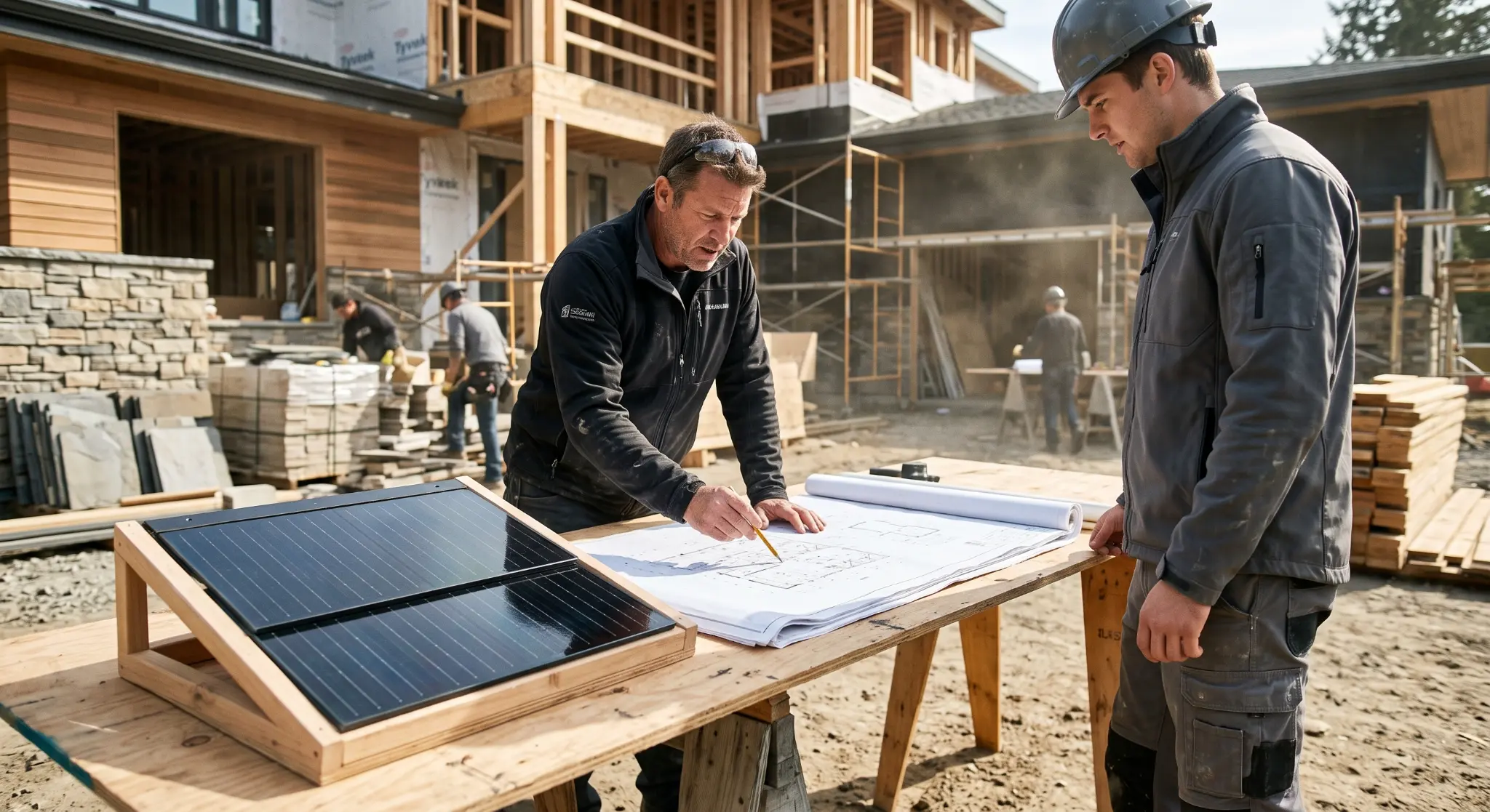 Professional builders reviewing blueprints next to a ground mockup of black BIPV solar roof tiles.