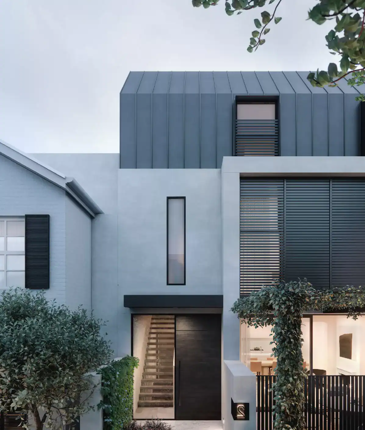 Photorealistic render of a contemporary luxury villa featuring an integrated solar-metal roof