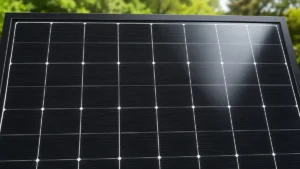 Close-up of dark monocrystalline silicon solar cells with silver busbars under clear glass.