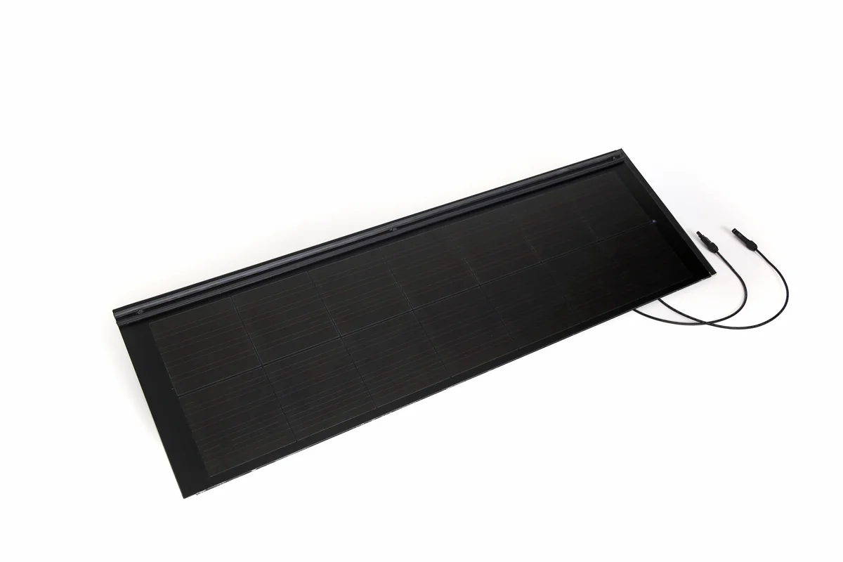 Black Lumina Slate active solar roof tile with rear connection cables on a white background.
