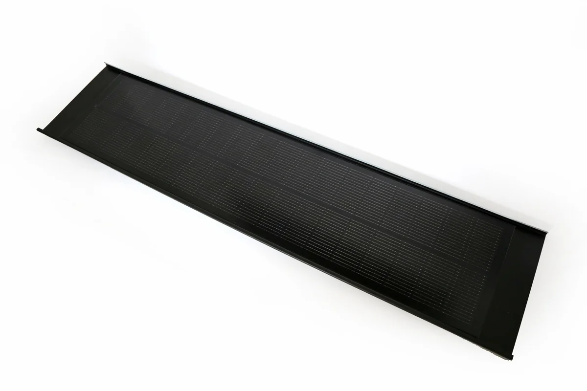 Black Storm Guard active solar roof sheet on a white background.