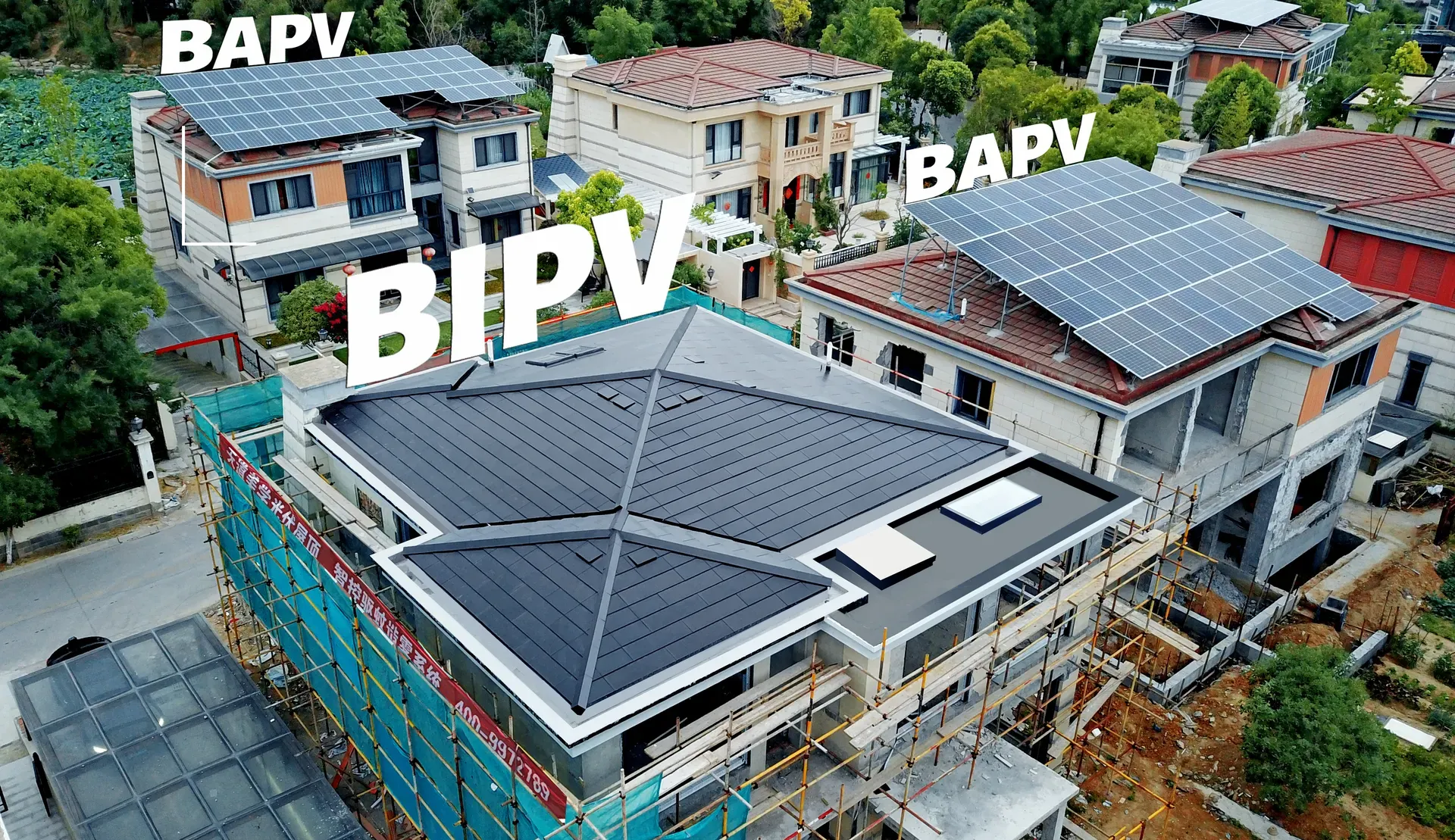 Sunlit BIPV solar roof installation on a villa in Xuzhou, China