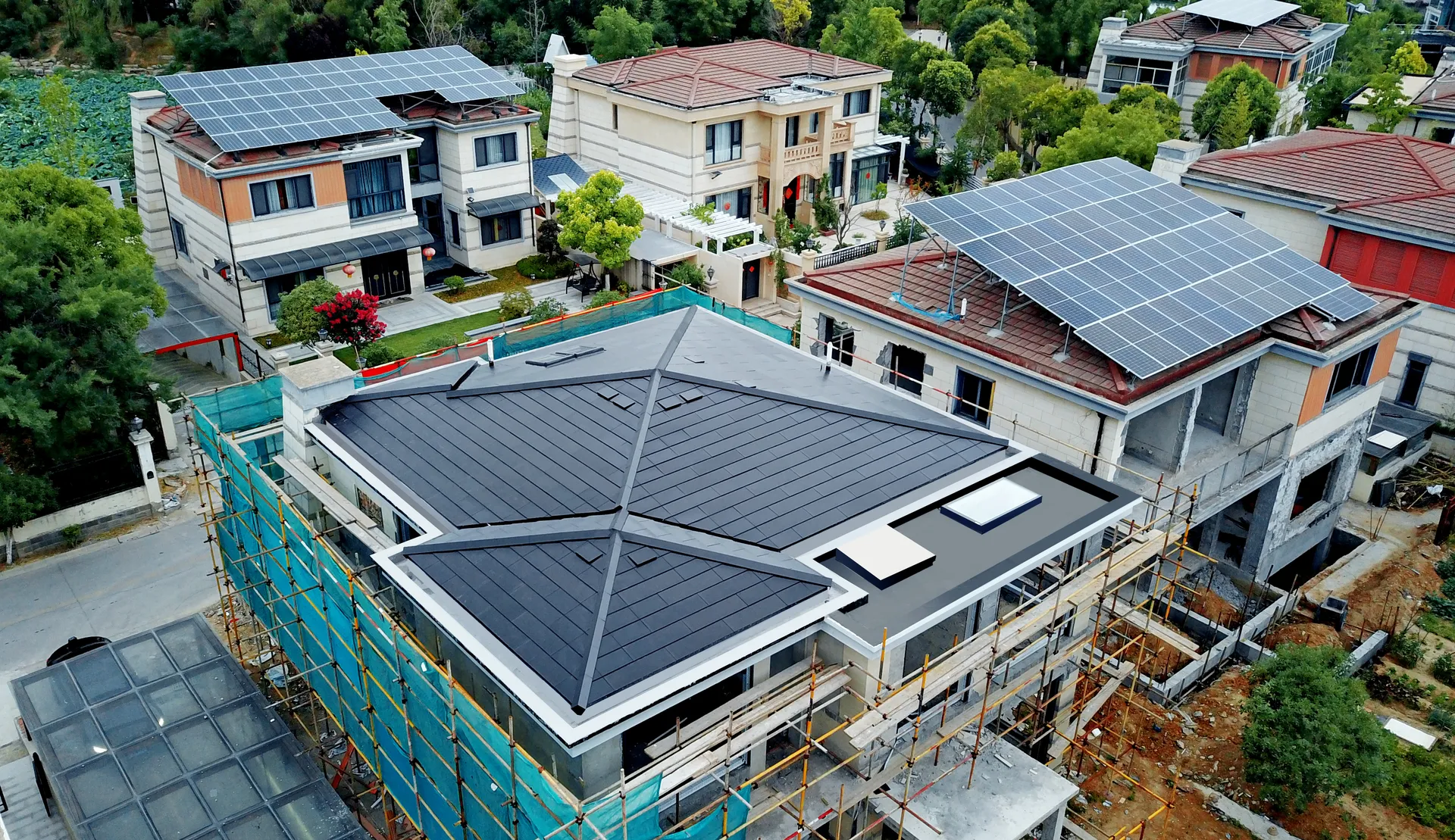 A high-end residential neighborhood demonstrating how an invisible solar roof upgrades property appearance compared to bulky traditional panels.
